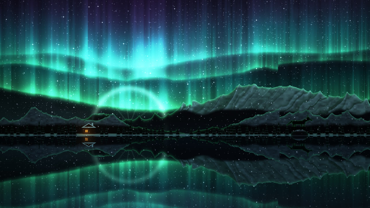 Aurora look: northern lights over mountains and a lake
