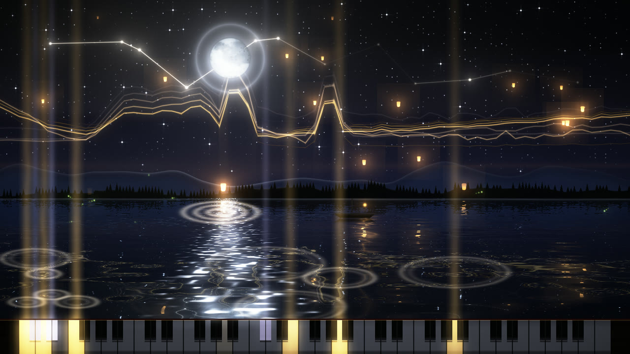 Moonlight Piano look: a moonlit lake and glowing piano